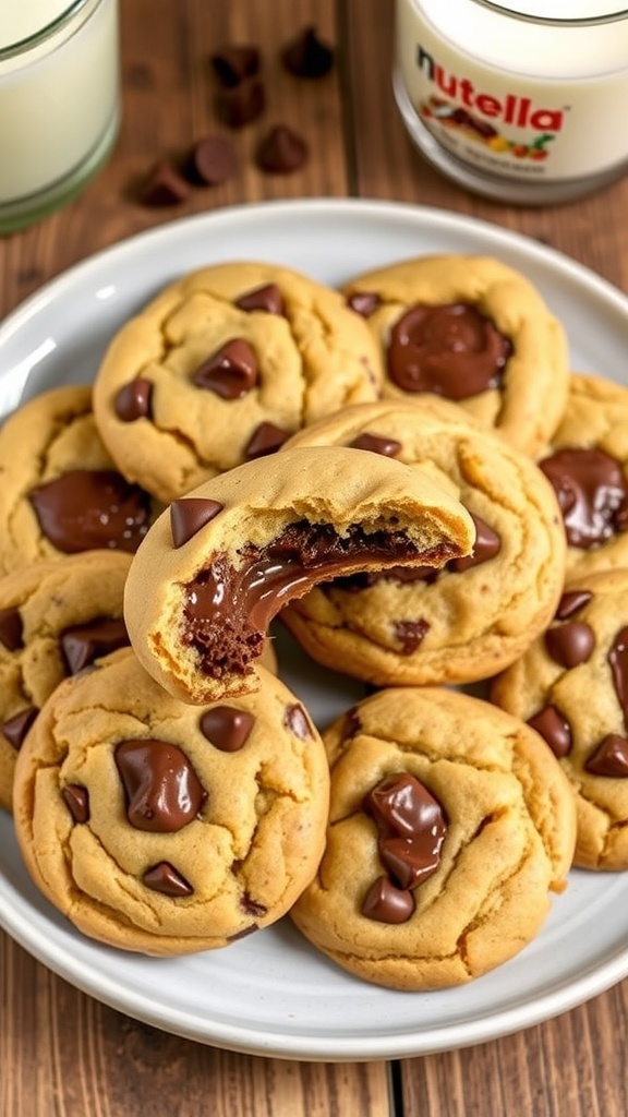 A plate of Nutella stuffed chocolate chip cookies with melted Nutella filling, accompanied by a glass of milk.